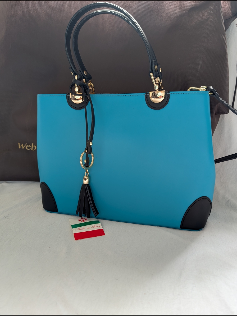 Teal Women's Tote Bag with Black Trim - Real Italian Leather